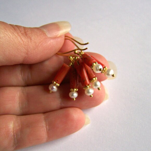 Genuine ITALIAN CORAL & PEARL Earrings 22k Gold Vermeil Colorful Cluster - Picture 6 of 8